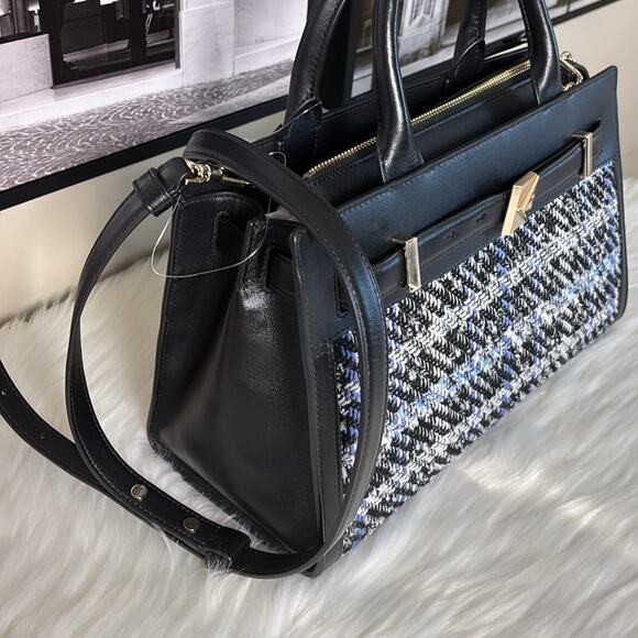 Kate Spade Deco Plaid Tweed Medium Satchel Elegant Black and Blue Tweed Handbag - Picture 3 of 10